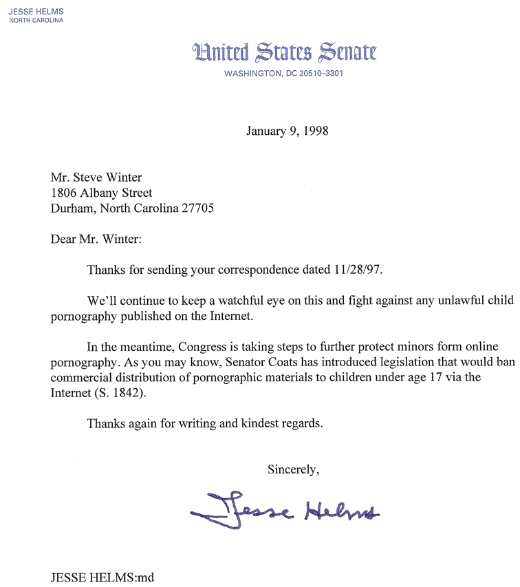 Letter from Senator Helms to Steve Winter about child porn publishing